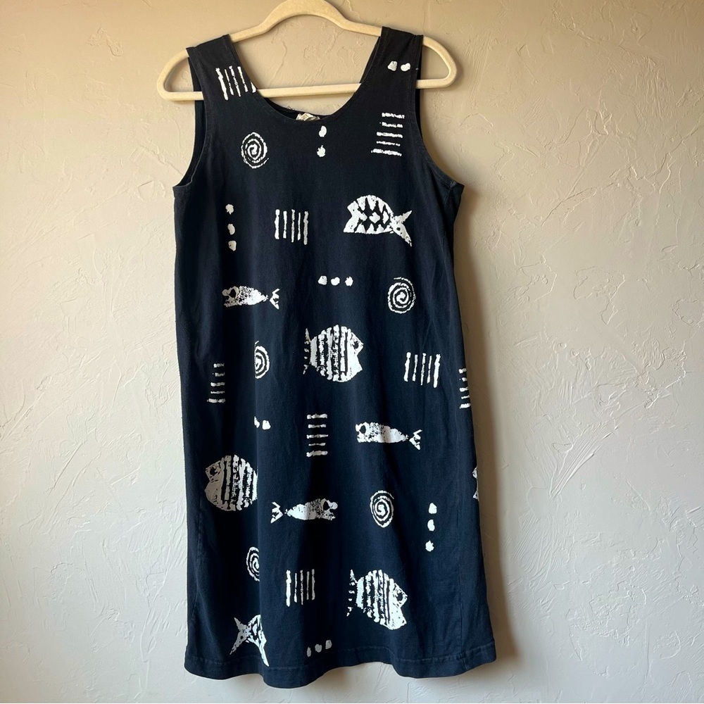 Cotton Fields Mac Black‎ Fish Stencil Print Maxi Sleeveless Dress lagenlook Art